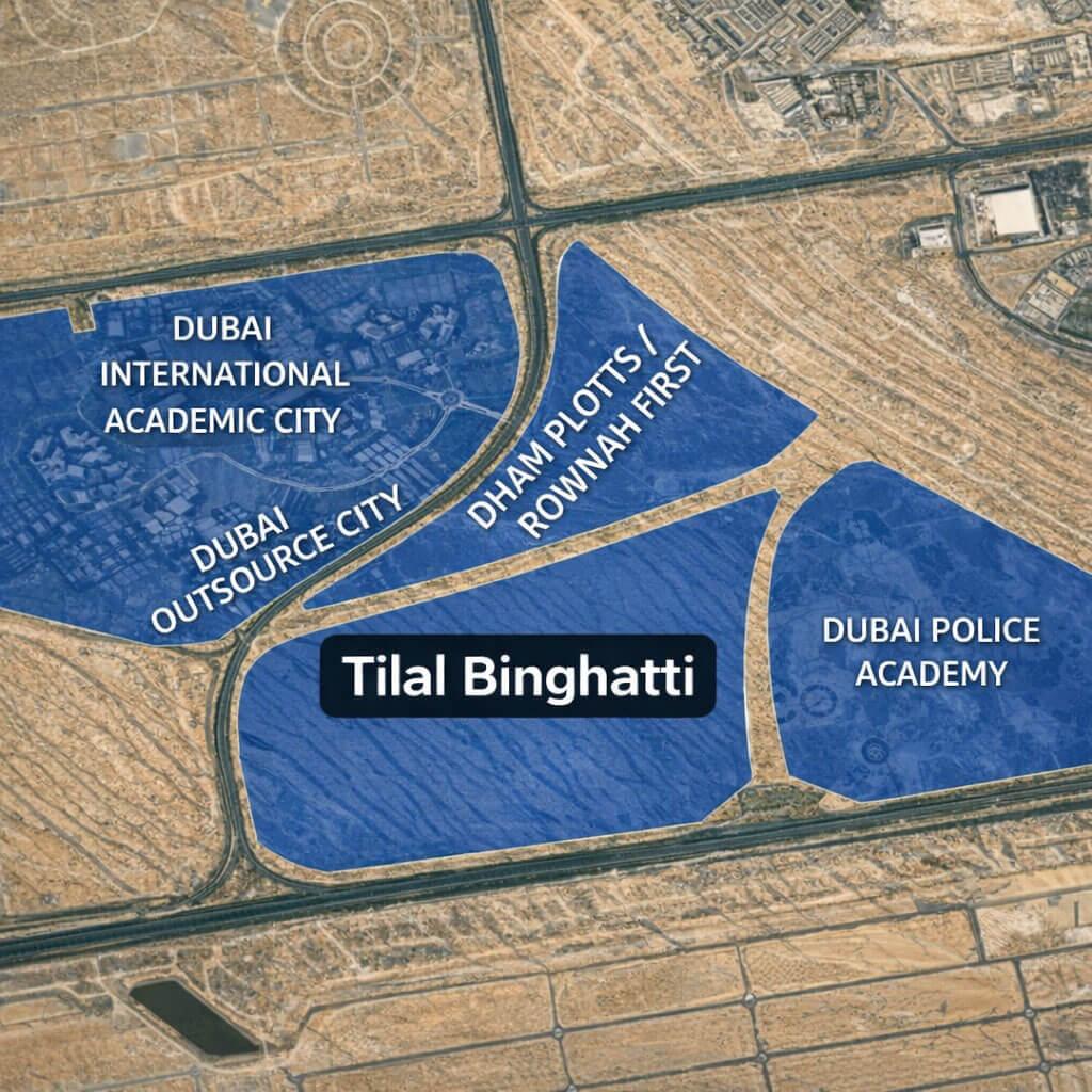 Tilal Binghatti location map - Dubailand villas and townhouses